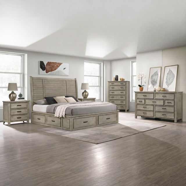 Sullivan Drift Grey 5-Piece King Storage Bedroom Set with 2 Nightstands, Dresser & Chest - Ornate Home