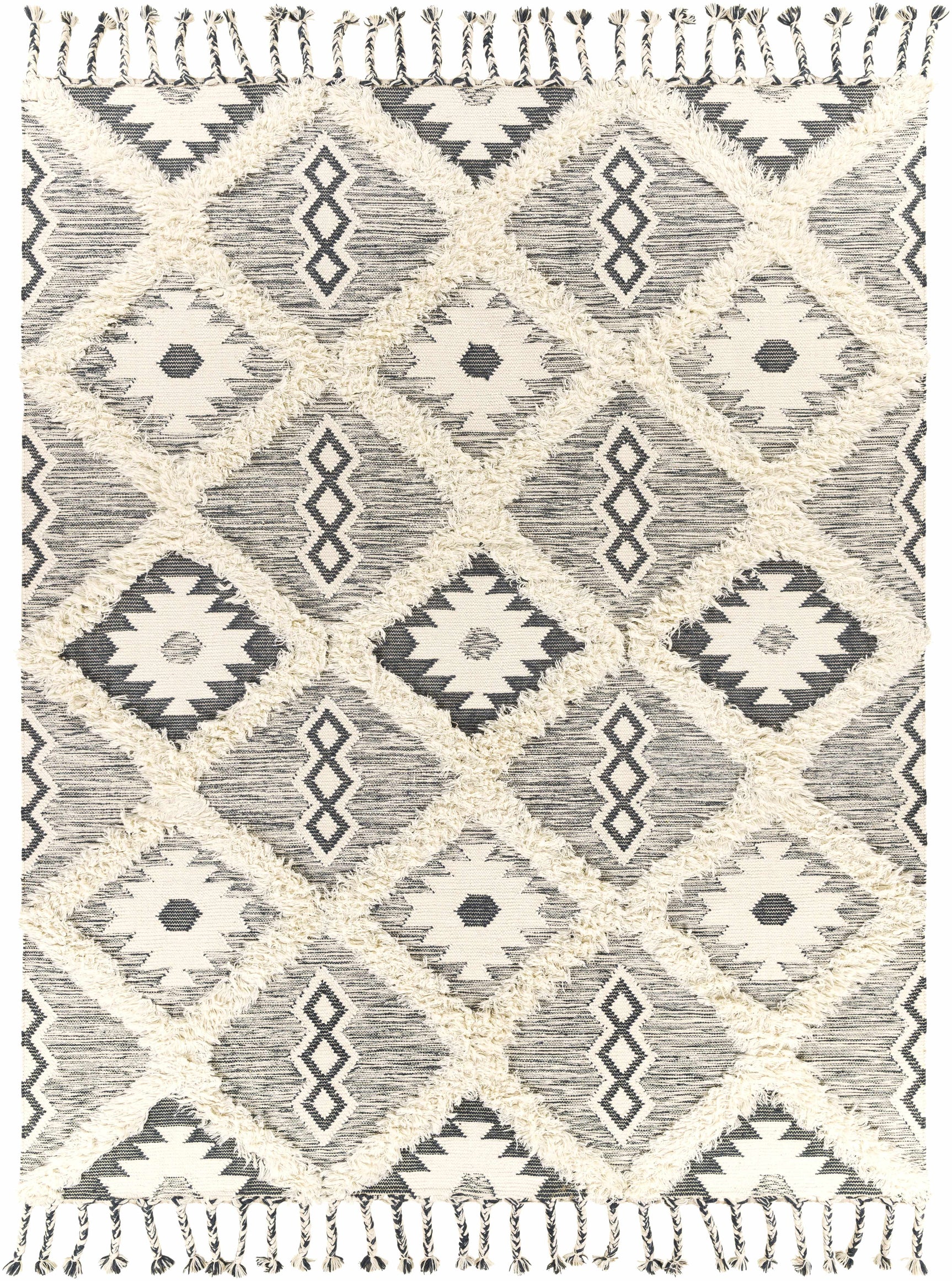 Sultan Charcoal/Beige Tribal Tassel Wool Rug - Clearance - Ornate Home