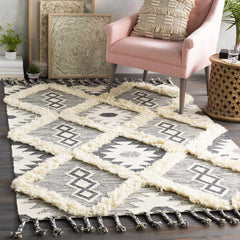 Sultan Charcoal/Beige Tribal Tassel Wool Rug - Clearance - Ornate Home