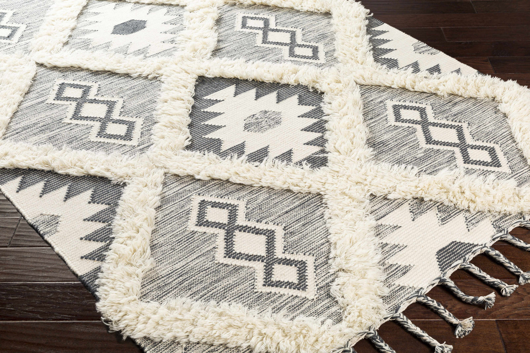 Sultan Charcoal/Beige Tribal Tassel Wool Rug - Clearance - Ornate Home