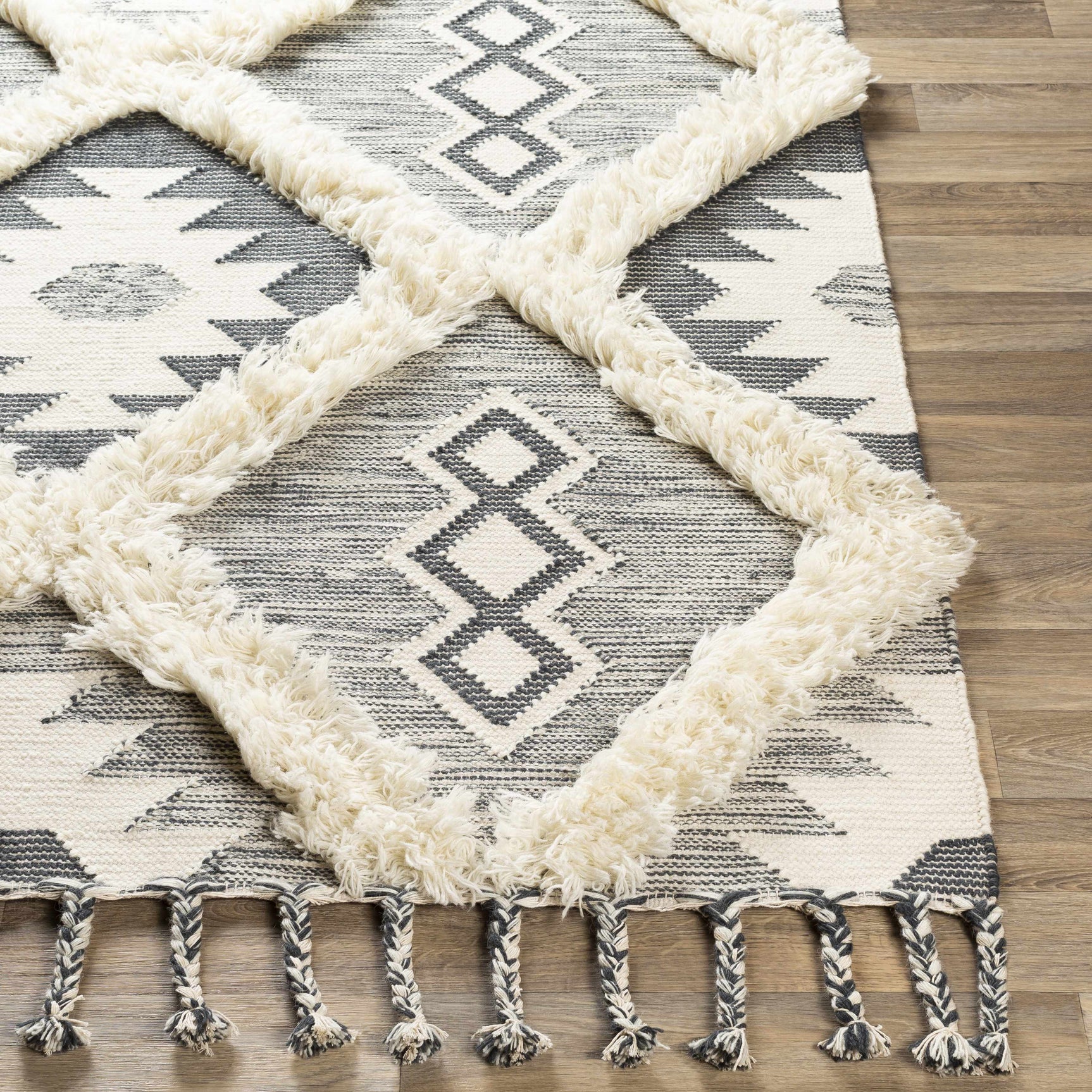 Sultan Charcoal/Beige Tribal Tassel Wool Rug - Clearance - Ornate Home