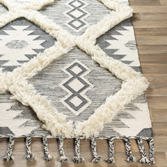 Sultan Charcoal/Beige Tribal Tassel Wool Rug - Clearance - Ornate Home