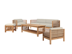 Summer 5-Piece Teak Canvas Outdoor Patio Deep Seating Set with Subrella Canvas Cushion - Ornate Home