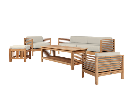 Summer 5-Piece Teak Canvas Outdoor Patio Deep Seating Set with Subrella Canvas Cushion - Ornate Home