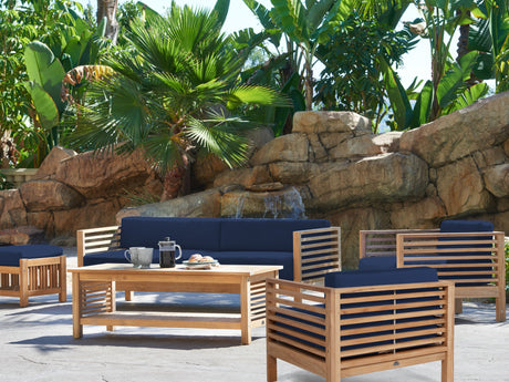 Summer 5-Piece Teak Navy Outdoor Patio Deep Seating Set with Subrella Navy Cushion - Ornate Home