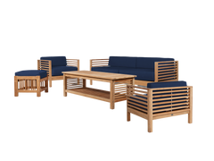 Summer 5-Piece Teak Navy Outdoor Patio Deep Seating Set with Subrella Navy Cushion - Ornate Home