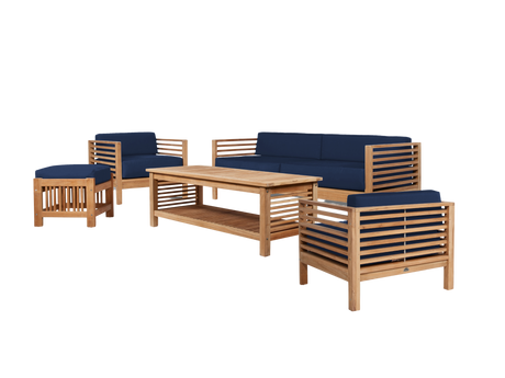 Summer 5-Piece Teak Navy Outdoor Patio Deep Seating Set with Subrella Navy Cushion - Ornate Home