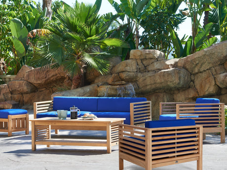 Summer 5-Piece Teak True Blue Outdoor Patio Deep Seating Set with Subrella True Blue Cushion - Ornate Home