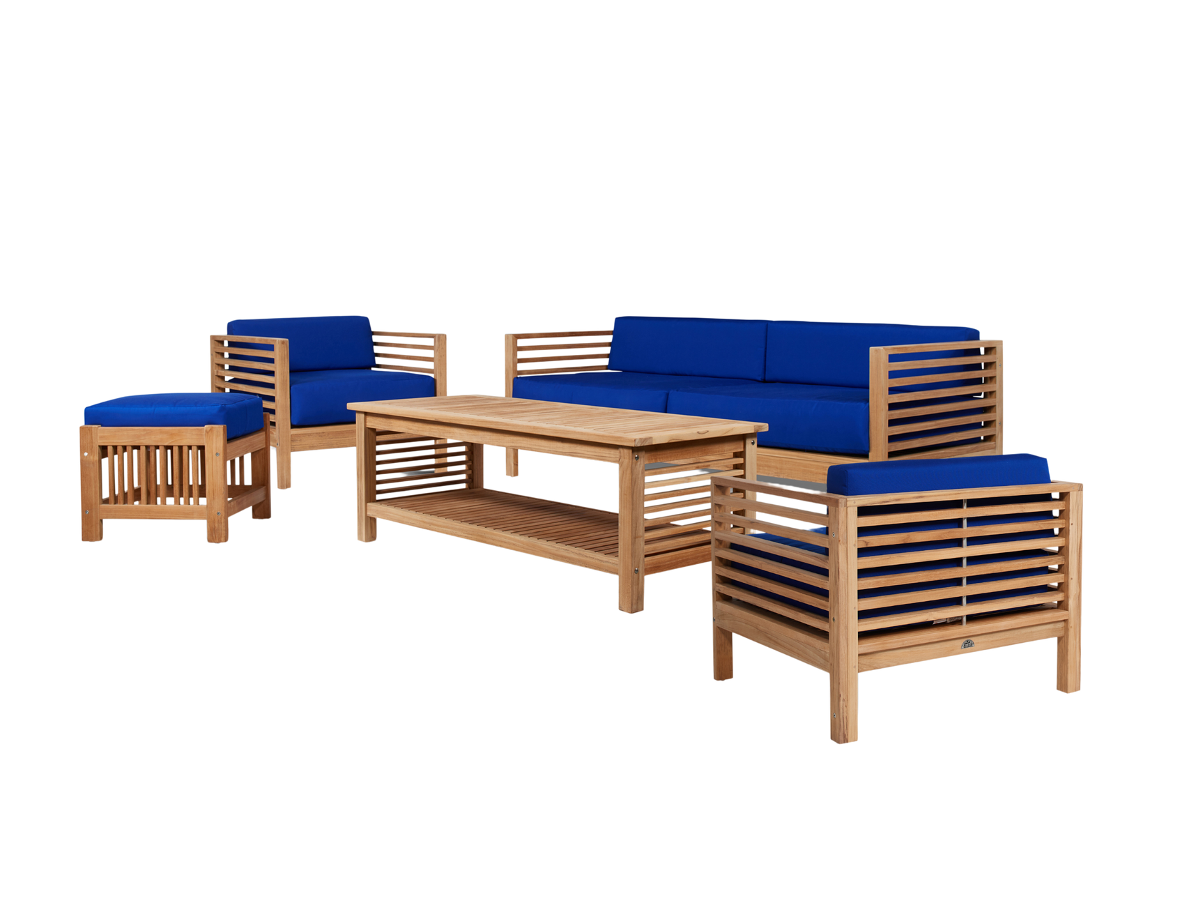 Summer 5-Piece Teak True Blue Outdoor Patio Deep Seating Set with Subrella True Blue Cushion - Ornate Home