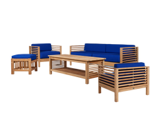 Summer 5-Piece Teak True Blue Outdoor Patio Deep Seating Set with Subrella True Blue Cushion - Ornate Home