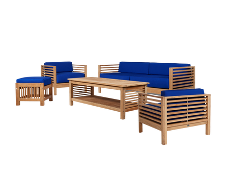 Summer 5-Piece Teak True Blue Outdoor Patio Deep Seating Set with Subrella True Blue Cushion - Ornate Home