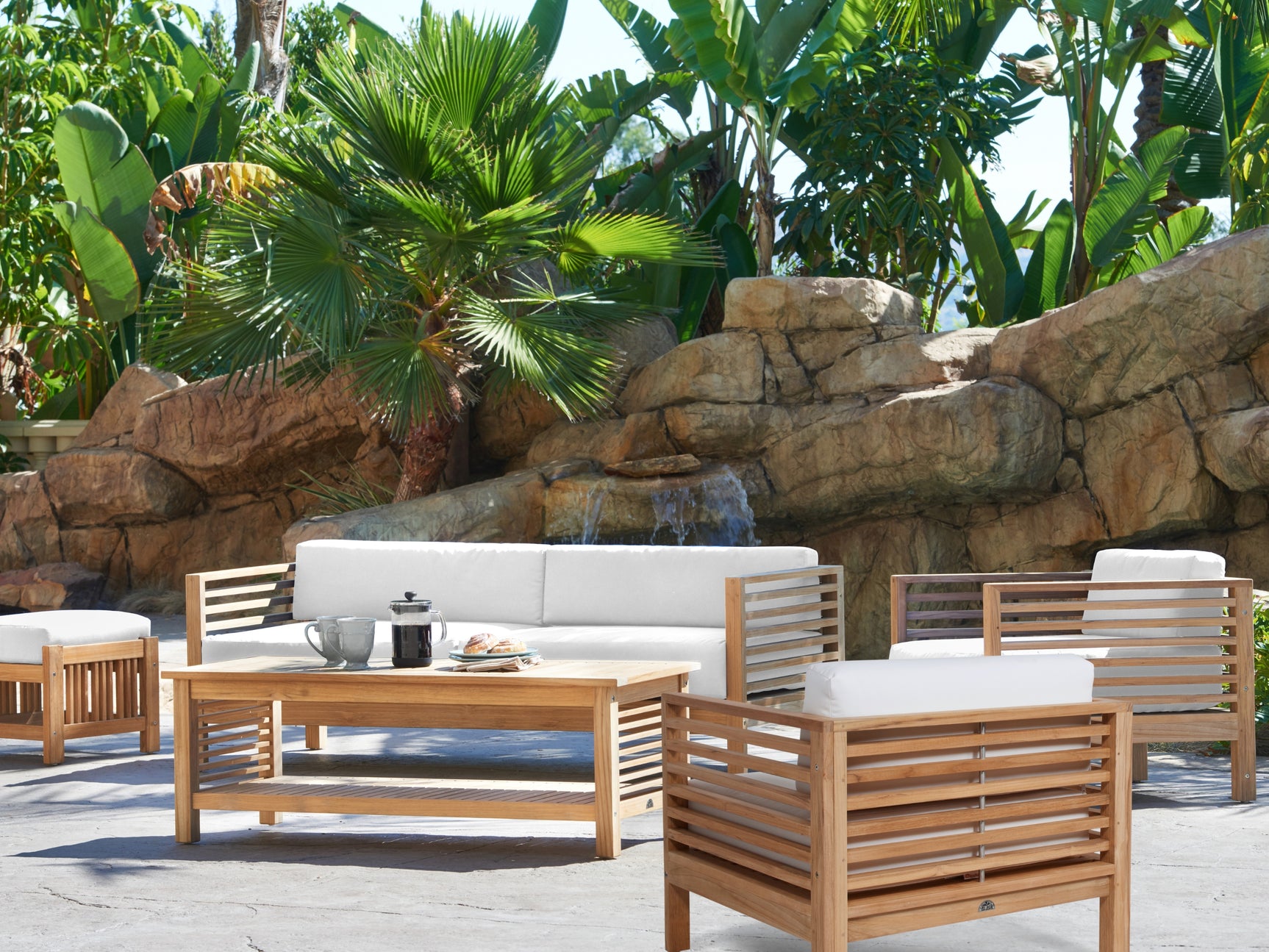 Summer 5-Piece Teak White Outdoor Patio Deep Seating Set with Subrella White Cushion - Ornate Home