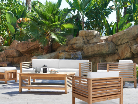 Summer 5-Piece Teak White Outdoor Patio Deep Seating Set with Subrella White Cushion - Ornate Home