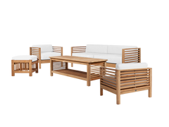 Summer 5-Piece Teak White Outdoor Patio Deep Seating Set with Subrella White Cushion - Ornate Home