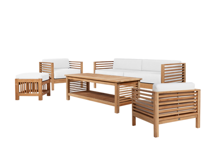 Summer 5-Piece Teak White Outdoor Patio Deep Seating Set with Subrella White Cushion - Ornate Home