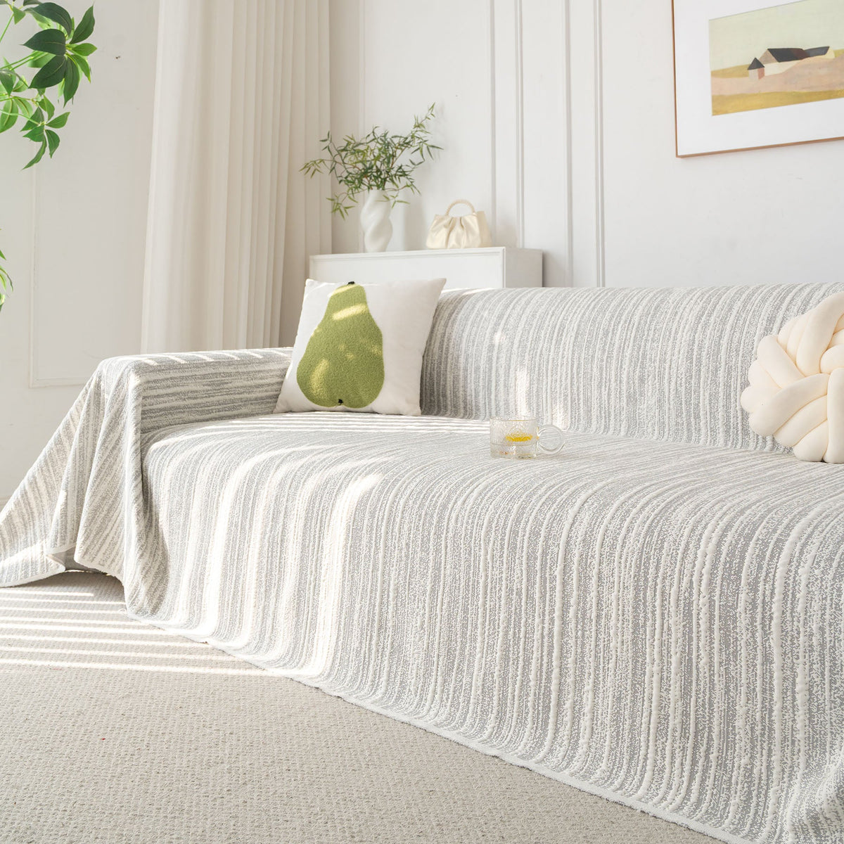 Summer Cooling Ice Silk Sofa Cover, Textured Stripe Soft Breathable Couch Throw Cover - Ornate Home