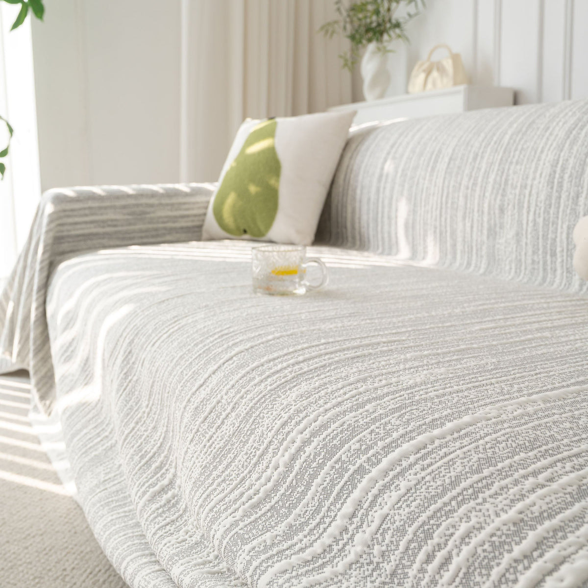 Summer Cooling Ice Silk Sofa Cover, Textured Stripe Soft Breathable Couch Throw Cover - Ornate Home
