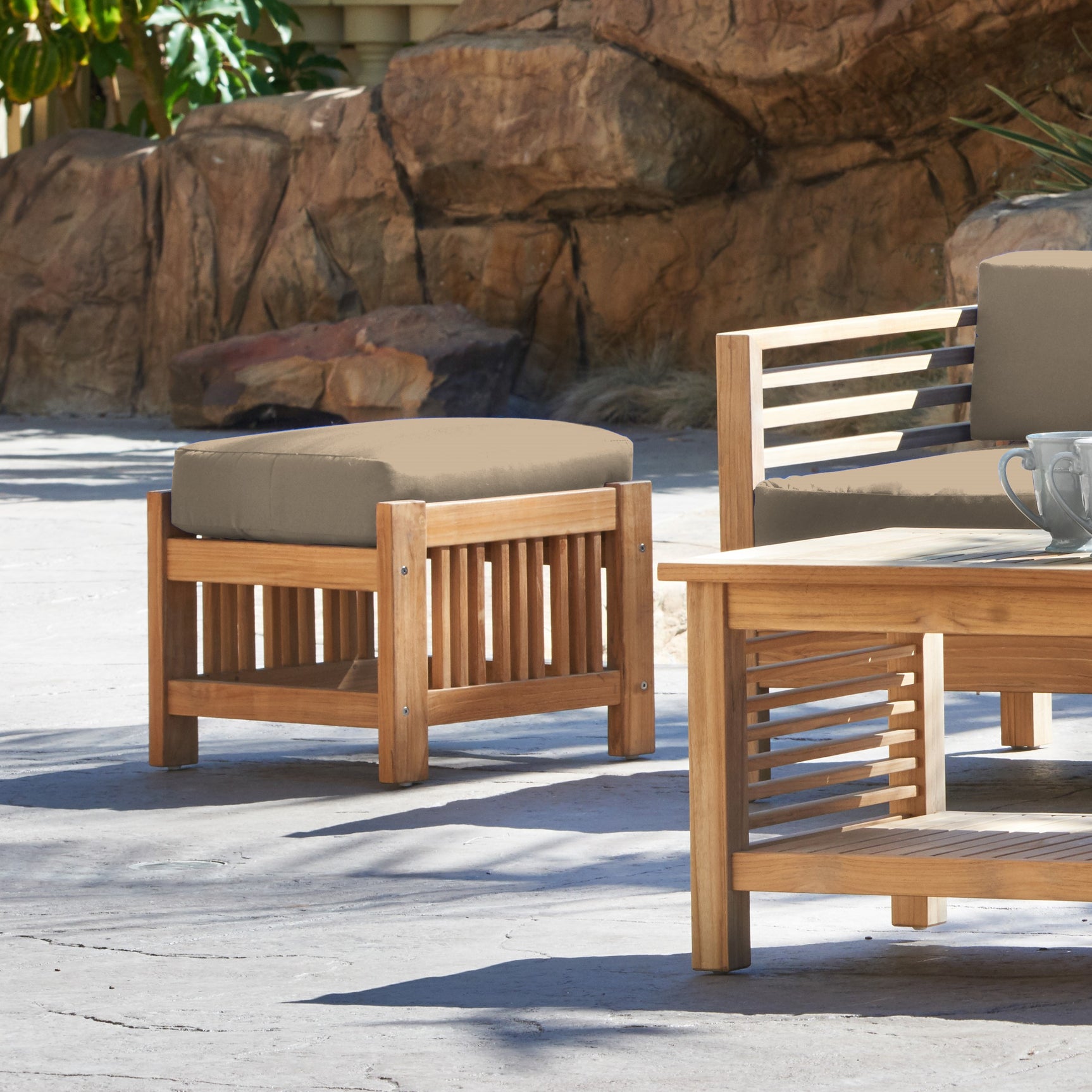 Summer Teak Fawn Outdoor Ottoman with Sunbrella® Cushion - Ornate Home