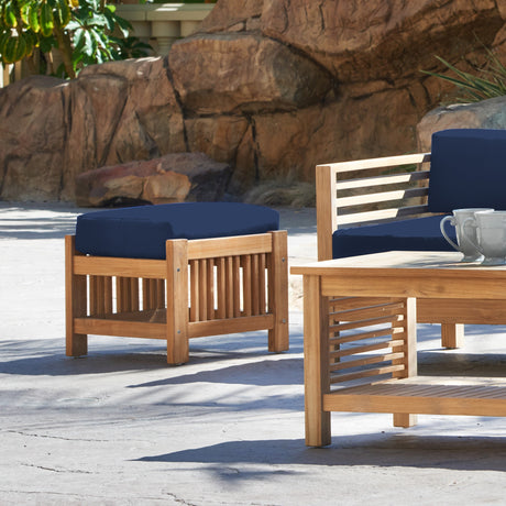 Summer Teak Navy Outdoor Ottoman with Sunbrella® Cushion - Ornate Home