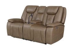 Sundance Chocolate Fabric & Leatherette Triple Power Reclining Loveseat with Console - Ornate Home