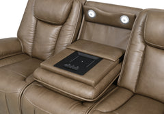 Sundance Chocolate Fabric & Leatherette Triple Power Reclining Sofa with Drop-Down Table - Ornate Home