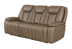 Sundance Chocolate Fabric & Leatherette Triple Power Reclining Sofa with Drop-Down Table - Ornate Home