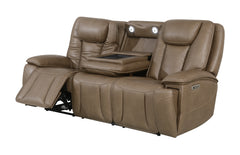 Sundance Chocolate Fabric & Leatherette Triple Power Reclining Sofa with Drop-Down Table - Ornate Home