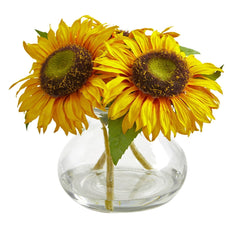 Sunflower Artificial Arrangement in Glass Vase - Ornate Home