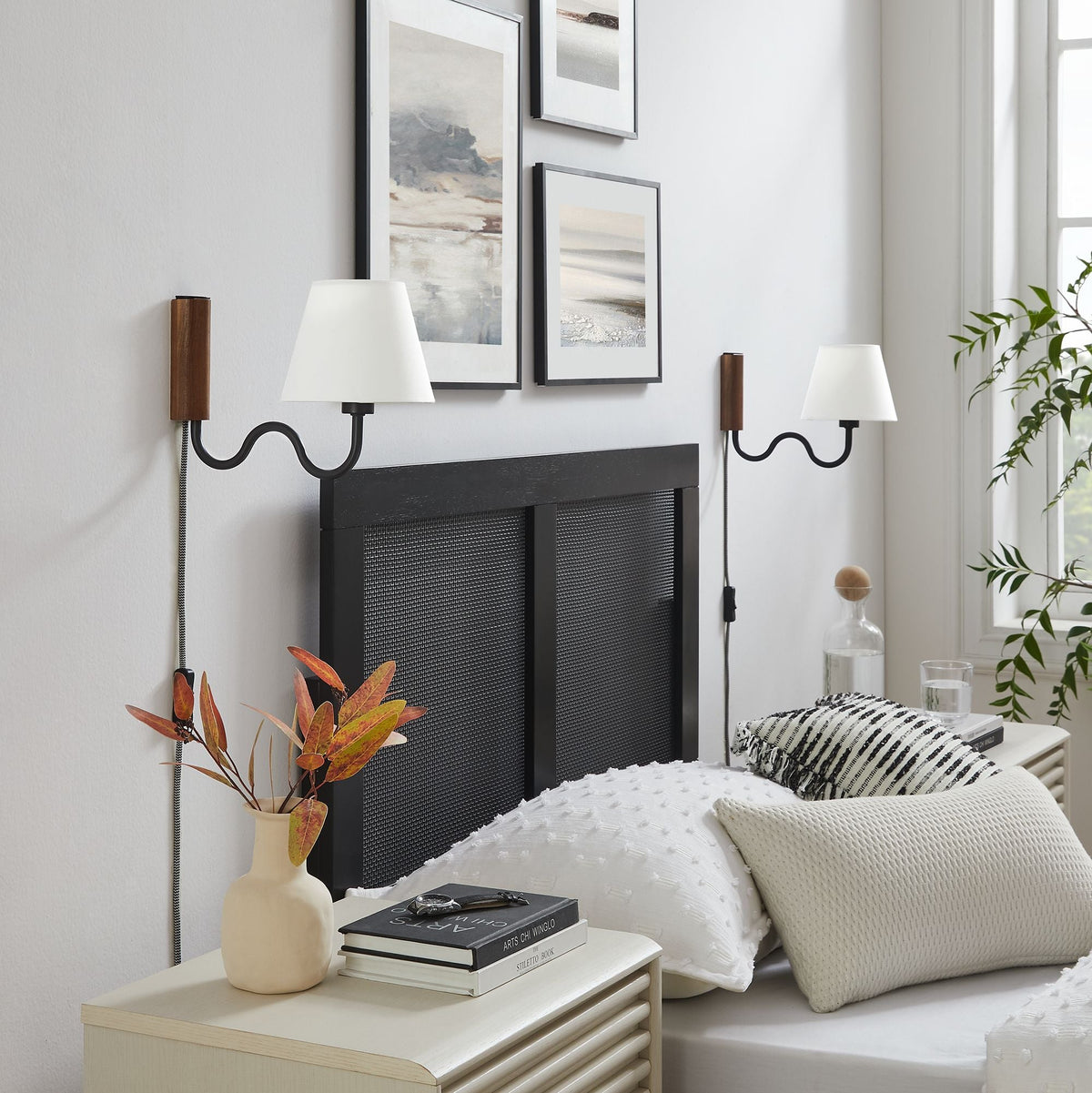 Sunlit Walnut/Black Squiggle Arm Wall Sconce - Ornate Home