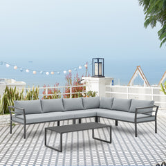 Sunnyside Corner Patio Conversation Set with Table in Grey on Grey - Ornate Home