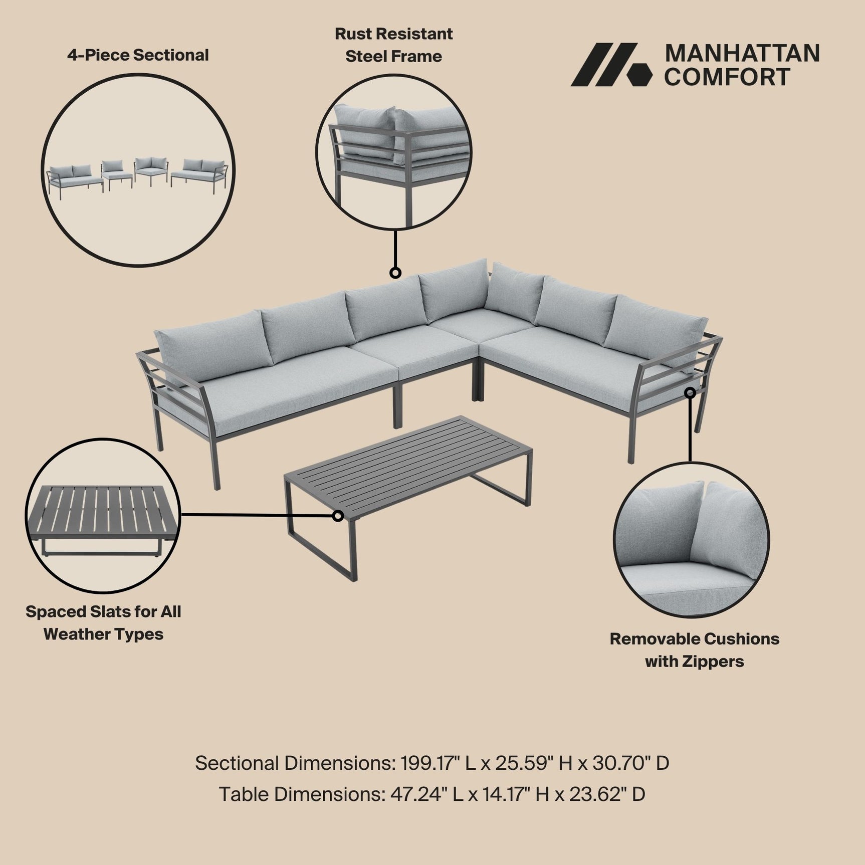 Sunnyside Corner Patio Conversation Set with Table in Grey on Grey - Ornate Home