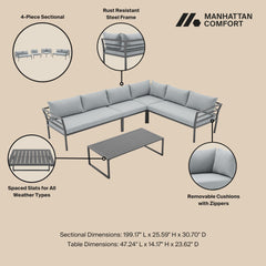 Sunnyside Corner Patio Conversation Set with Table in Grey on Grey - Ornate Home