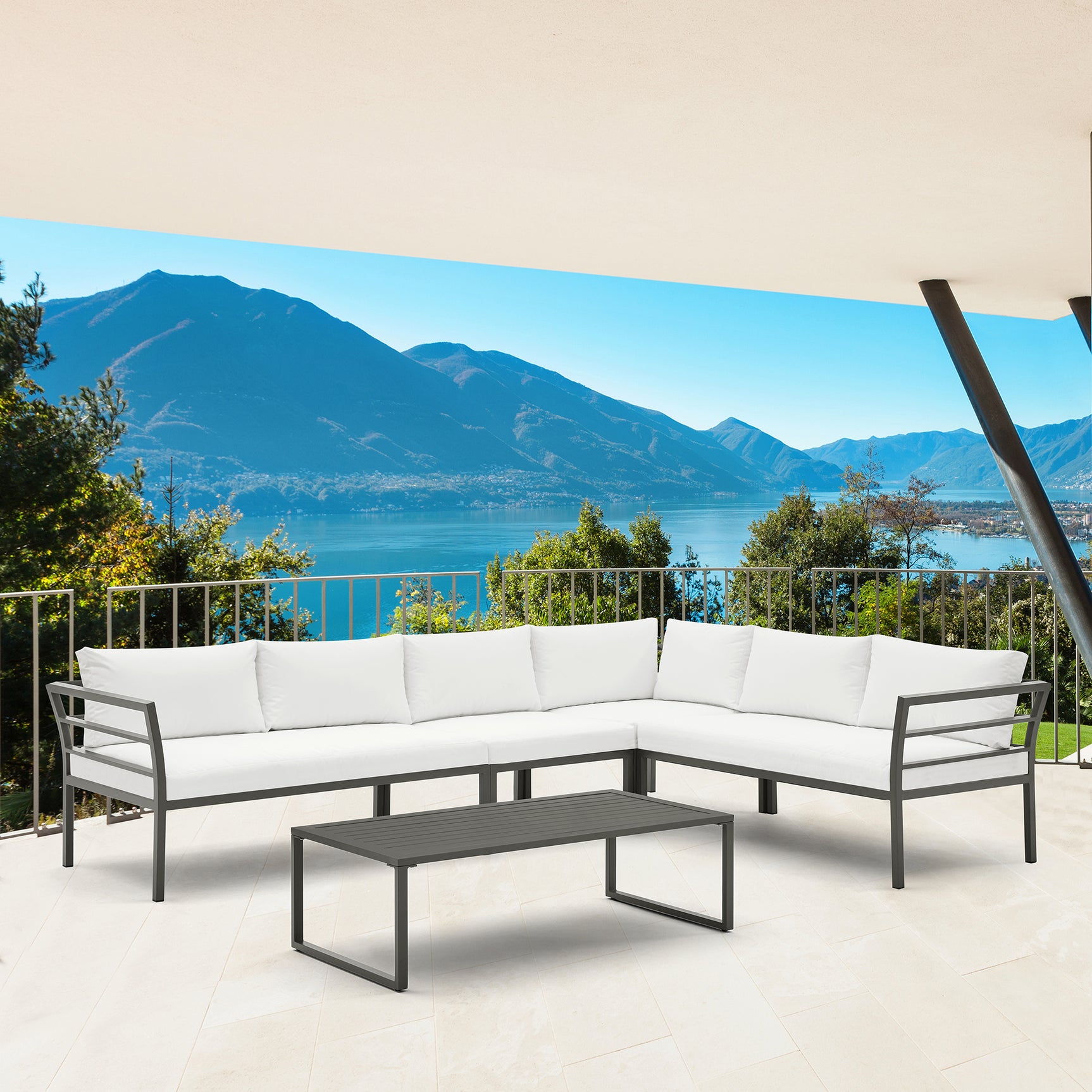 Sunnyside Corner Patio Conversation Set with Table in Grey on White - Ornate Home