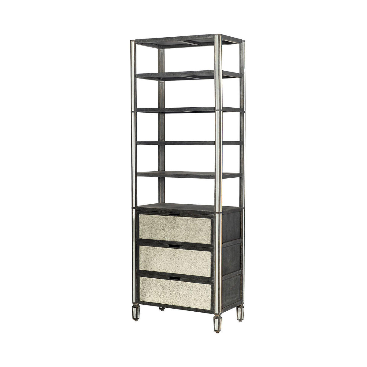 Sunnyvale Dark Brown Solid Wood and Mirrored Glass Four Shelf Shelving Unit - Ornate Home