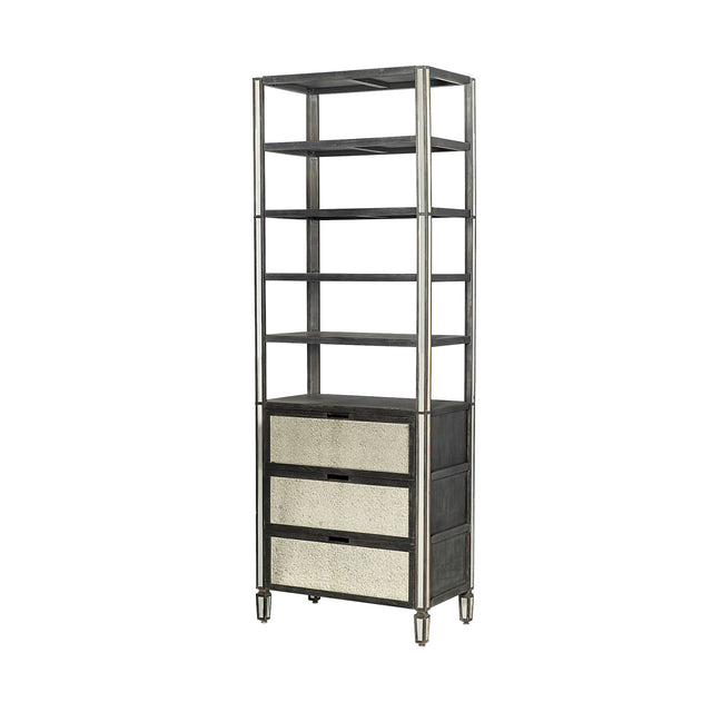 Sunnyvale Dark Brown Solid Wood and Mirrored Glass Four Shelf Shelving Unit - Ornate Home