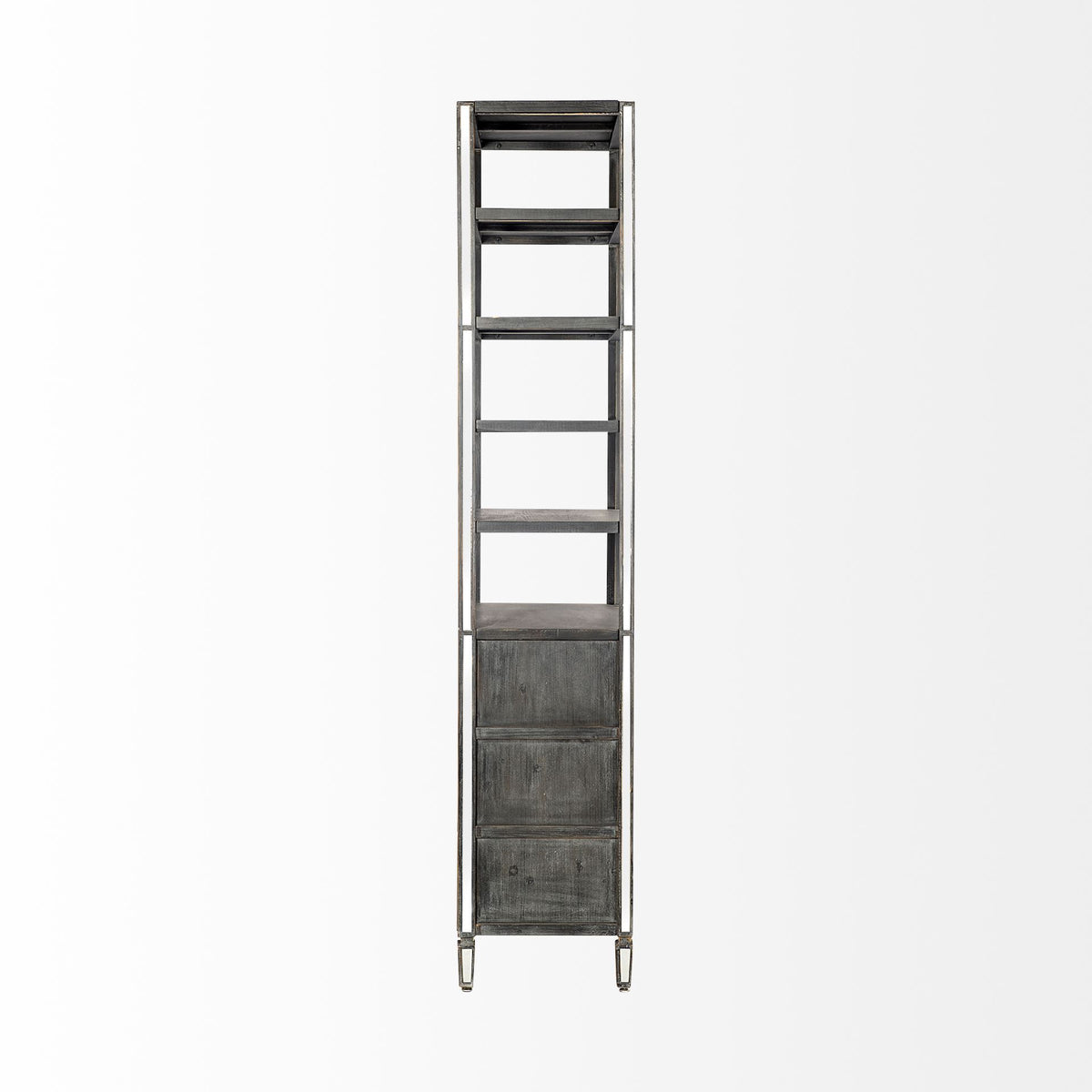 Sunnyvale Dark Brown Solid Wood and Mirrored Glass Four Shelf Shelving Unit - Ornate Home