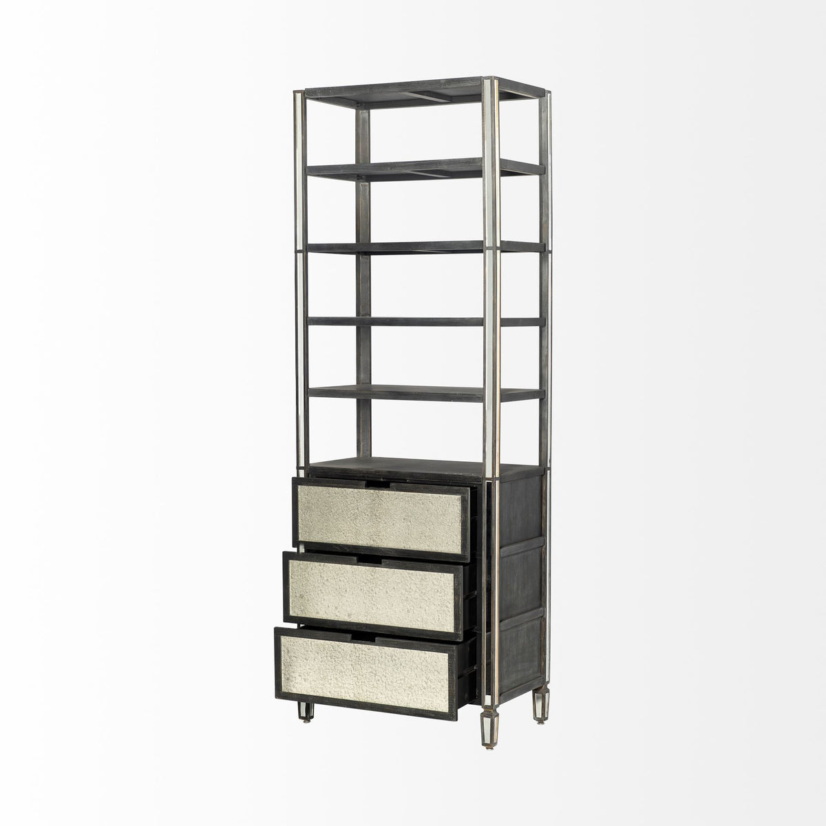 Sunnyvale Dark Brown Solid Wood and Mirrored Glass Four Shelf Shelving Unit - Ornate Home