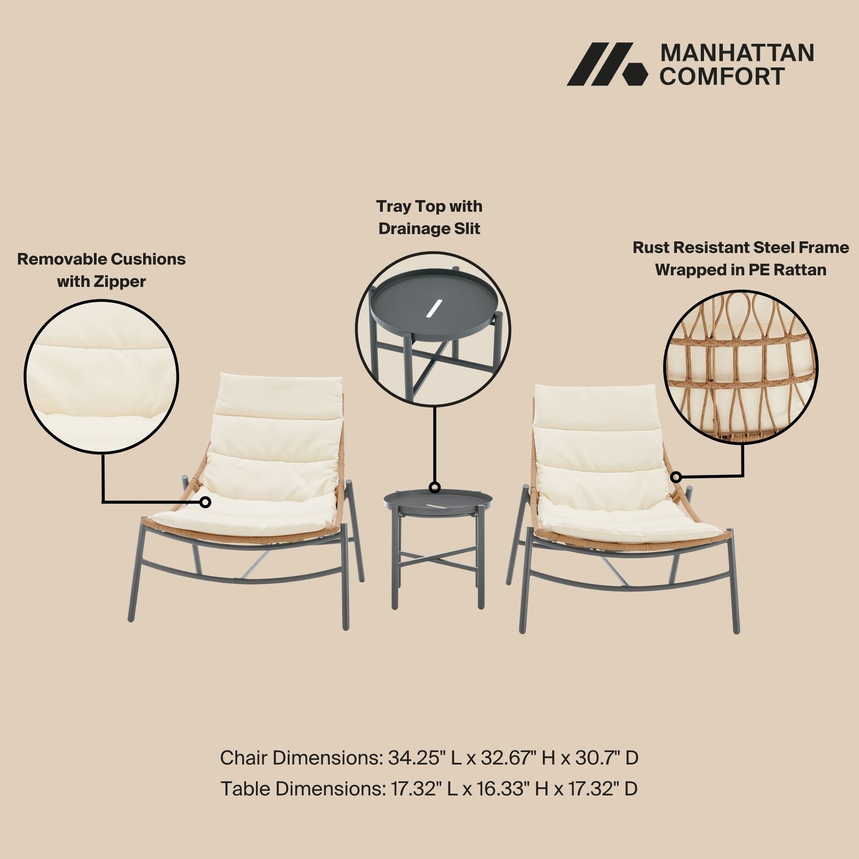 Sunset 3-Piece Patio Conversation Set in Cream - Ornate Home