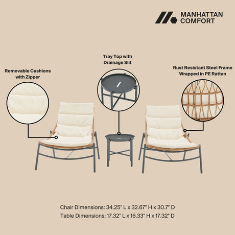 Sunset 3-Piece Patio Conversation Set in Cream - Ornate Home