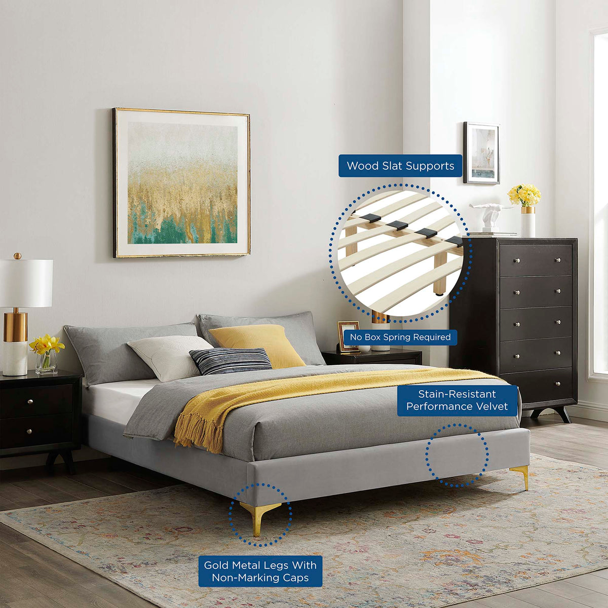 Sutton Light Gray Performance Velvet Full Bed Frame - Ornate Home