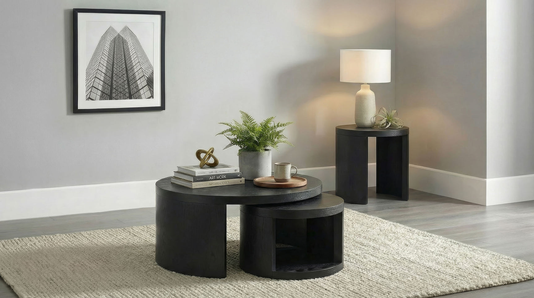 Sweeney Black 2-piece Round Wood Occasional Nesting Table Set - Ornate Home