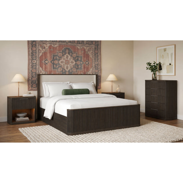 Sylvie Dark Brown 4-Piece King UPH Bedroom Set with 2 Nightstands & Chest - Ornate Home