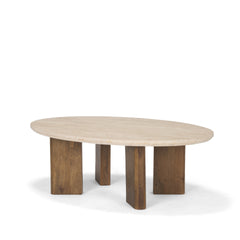Syona Medium Brown Travertine + Mango Wood Leg Oval Coffee Table - Ornate Home