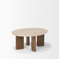 Syona Medium Brown Travertine + Mango Wood Leg Oval Coffee Table - Ornate Home