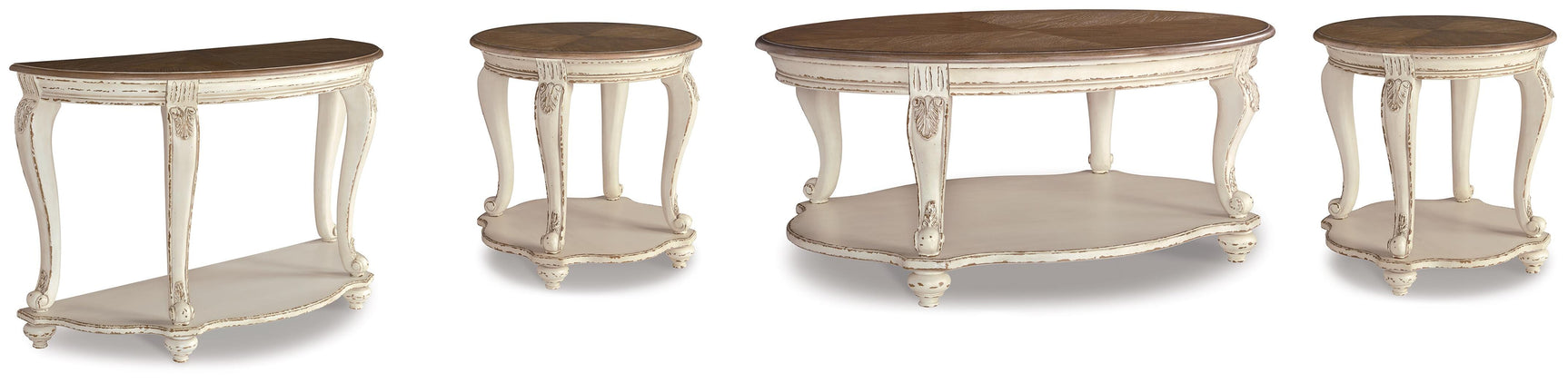 Realyn White/Brown Coffee Table, 2 End Tables and Console Table