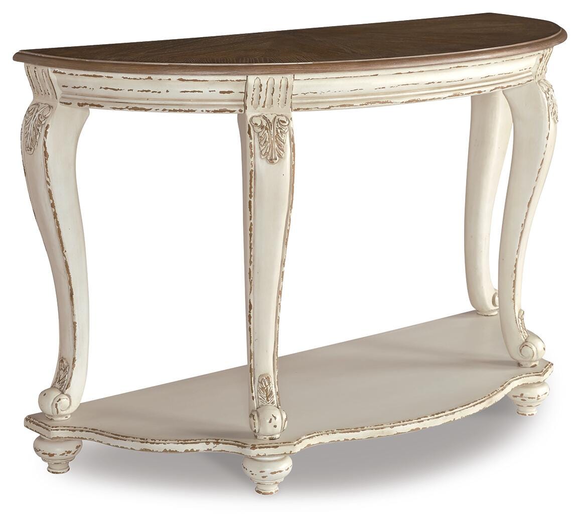Realyn White/Brown Coffee Table, 2 End Tables and Console Table