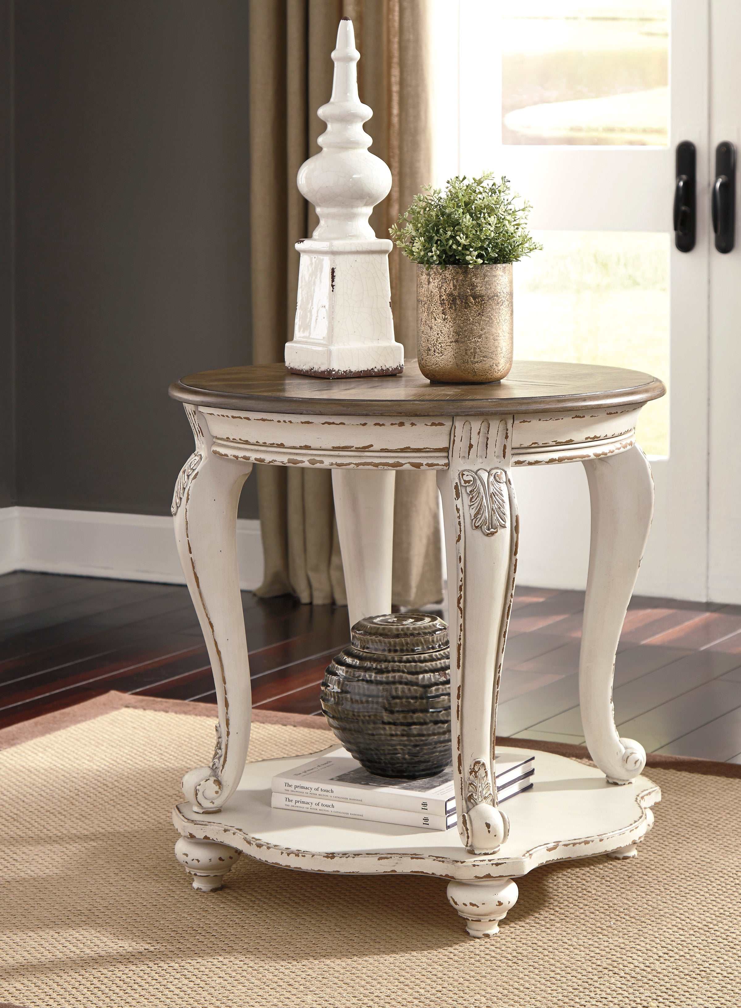 Realyn White & Brown Round End Table - Ornate Home