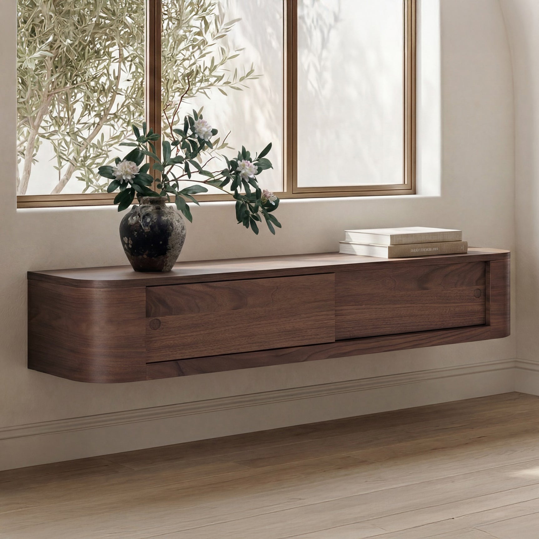 Round Off Walnut Floating Console Table
