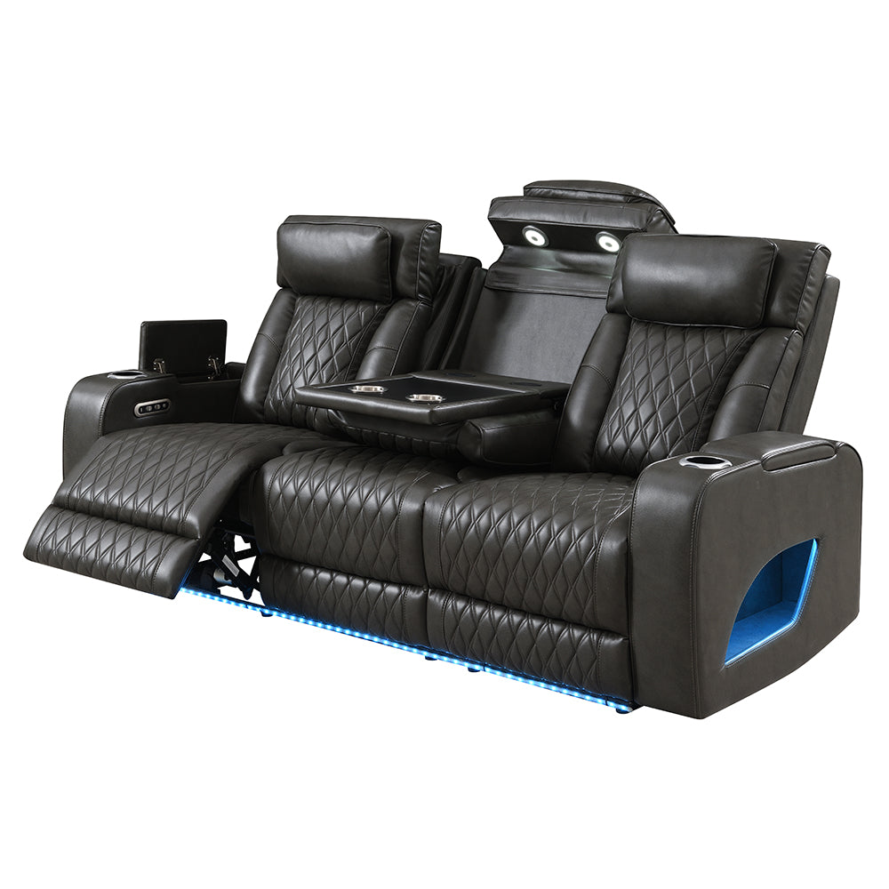 Taddeo Dark Gray Leatherette Power Motion Sofa w/Dropdown Table - Ornate Home