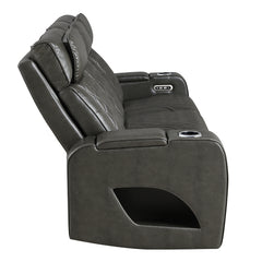 Taddeo Dark Gray Leatherette Power Motion Sofa w/Dropdown Table - Ornate Home